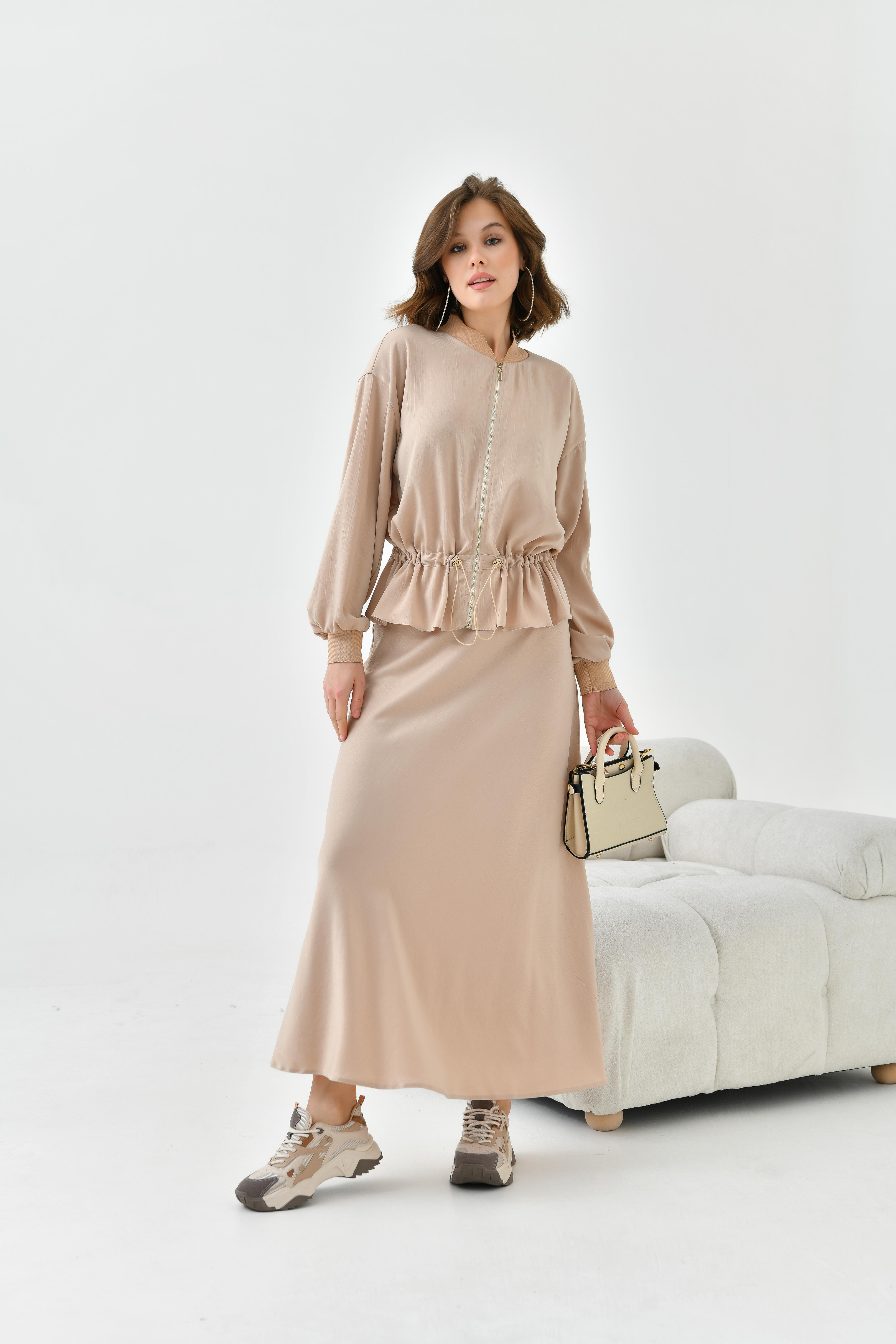 Garmi Kadın Büzgülü Ceketli Etekli Takım Beige 30725