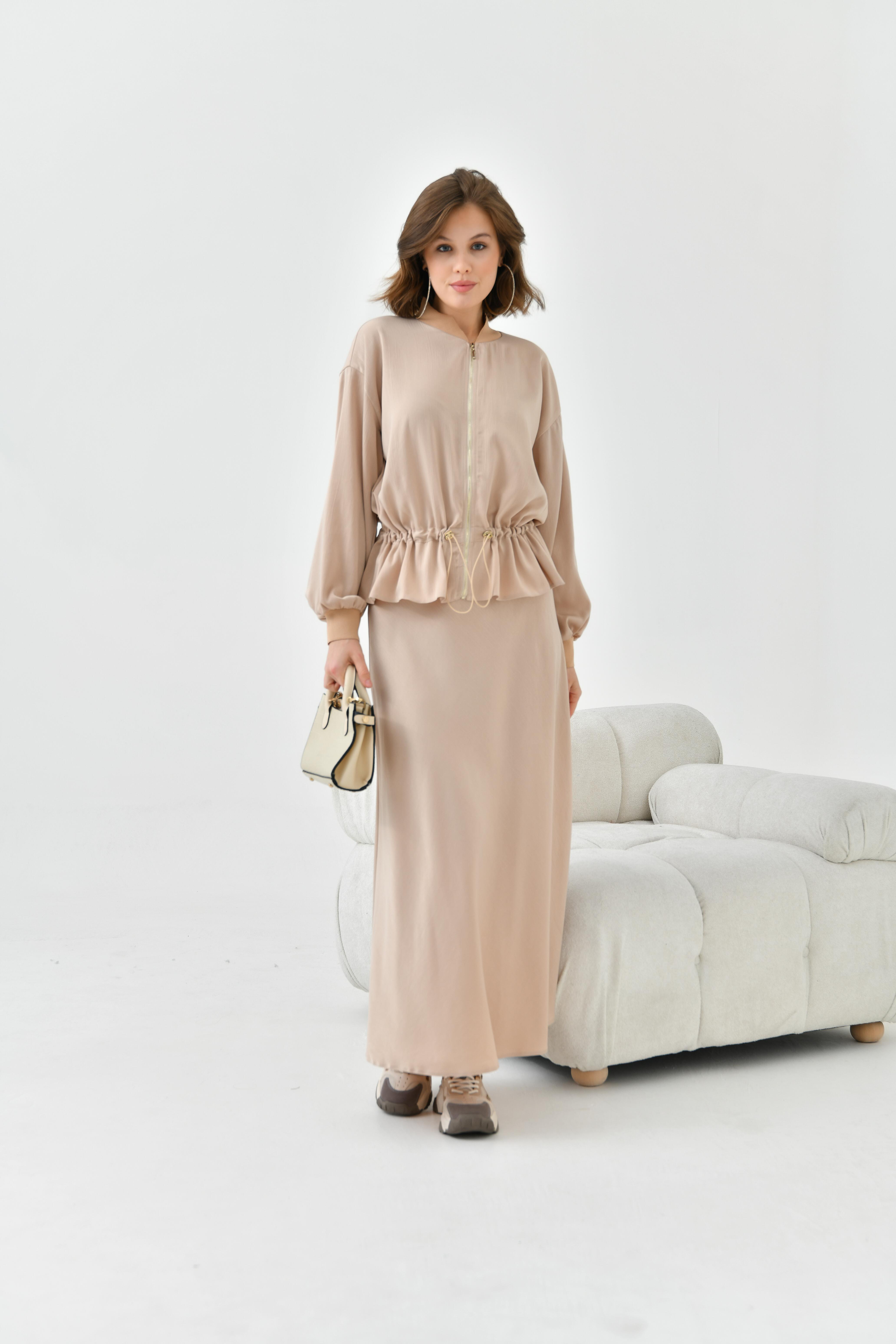 Garmi Kadın Büzgülü Ceketli Etekli Takım Beige 30725