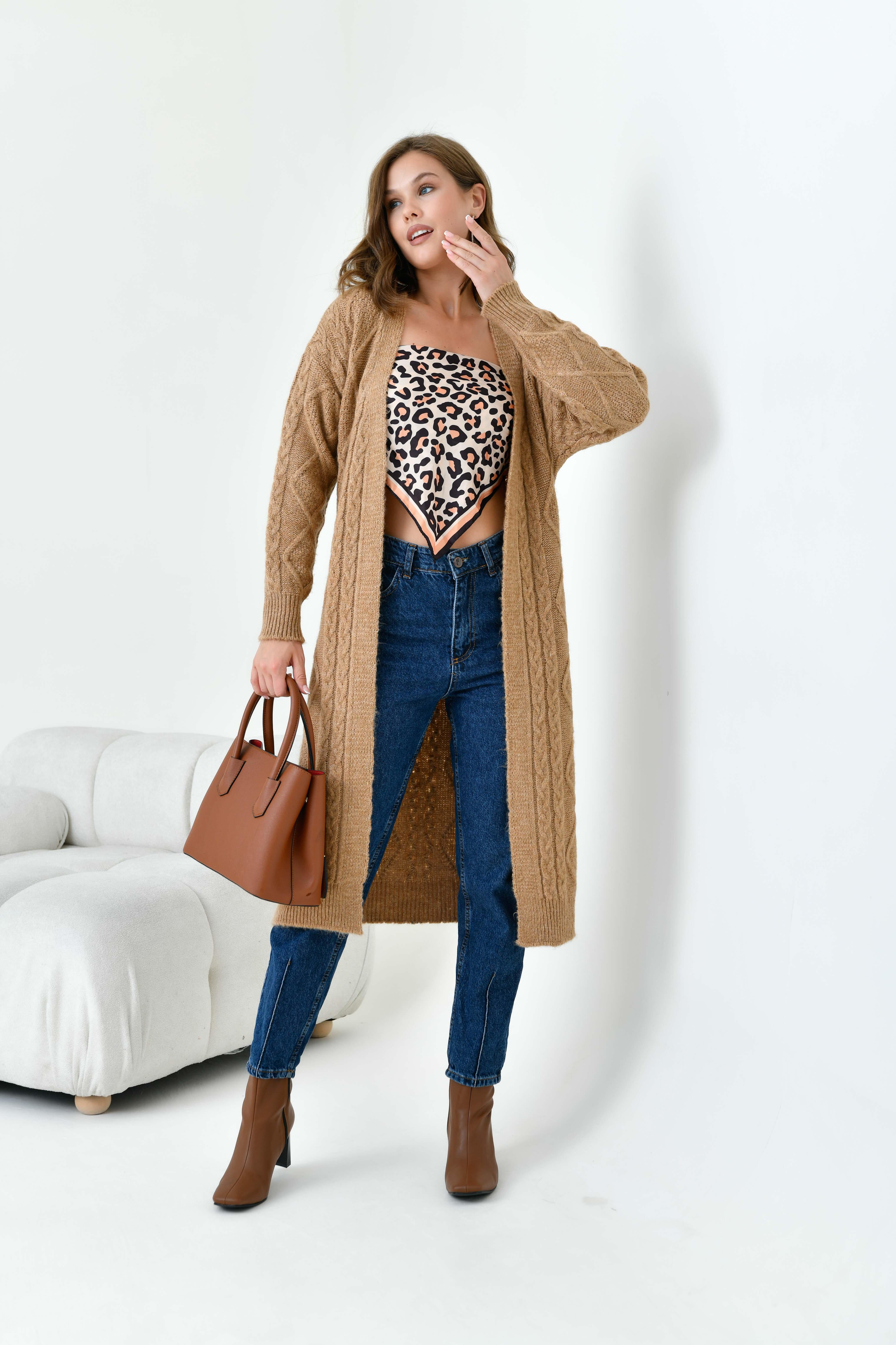 Garmi Saç Örgülü Hırka Camel