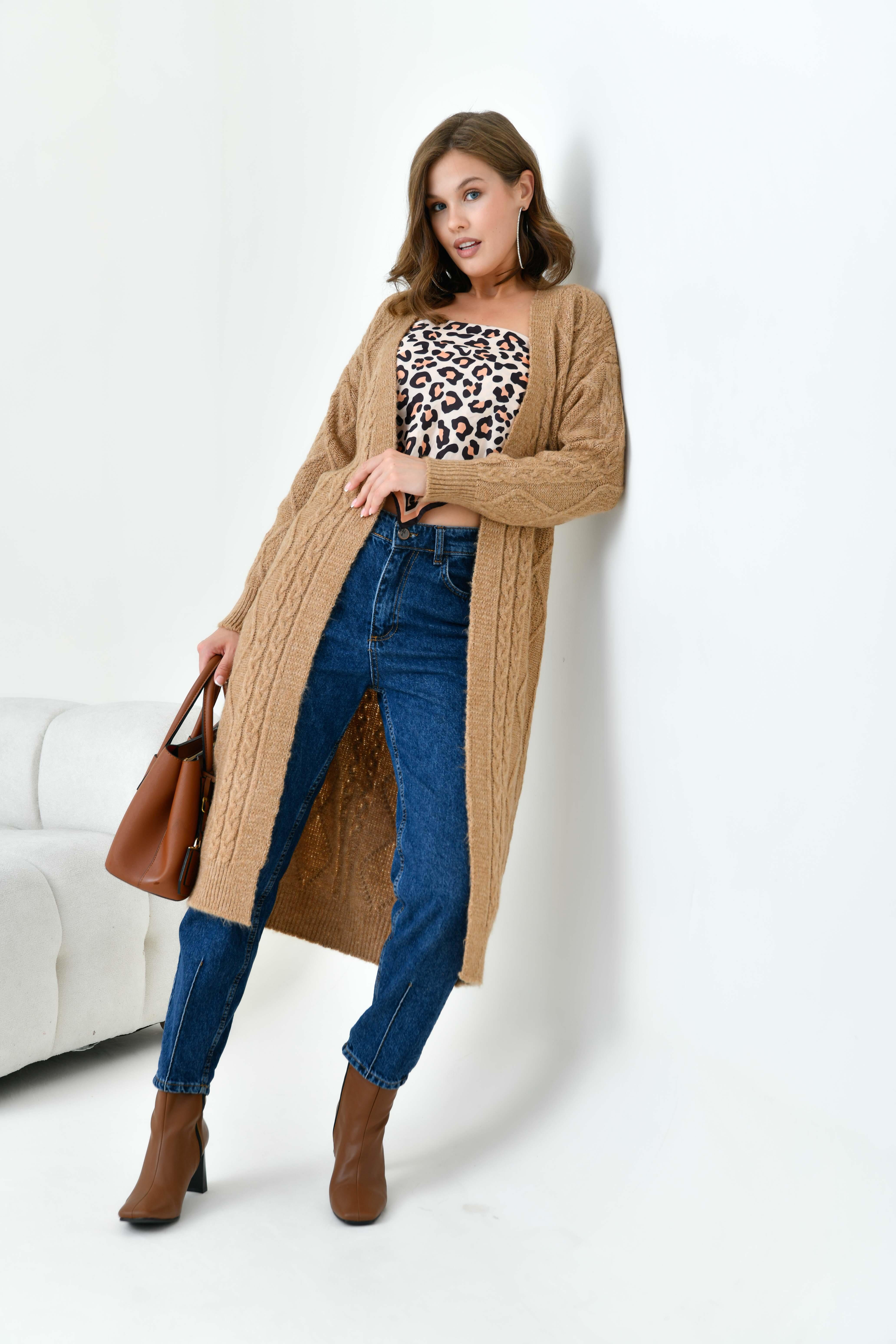 Garmi Saç Örgülü Hırka Camel