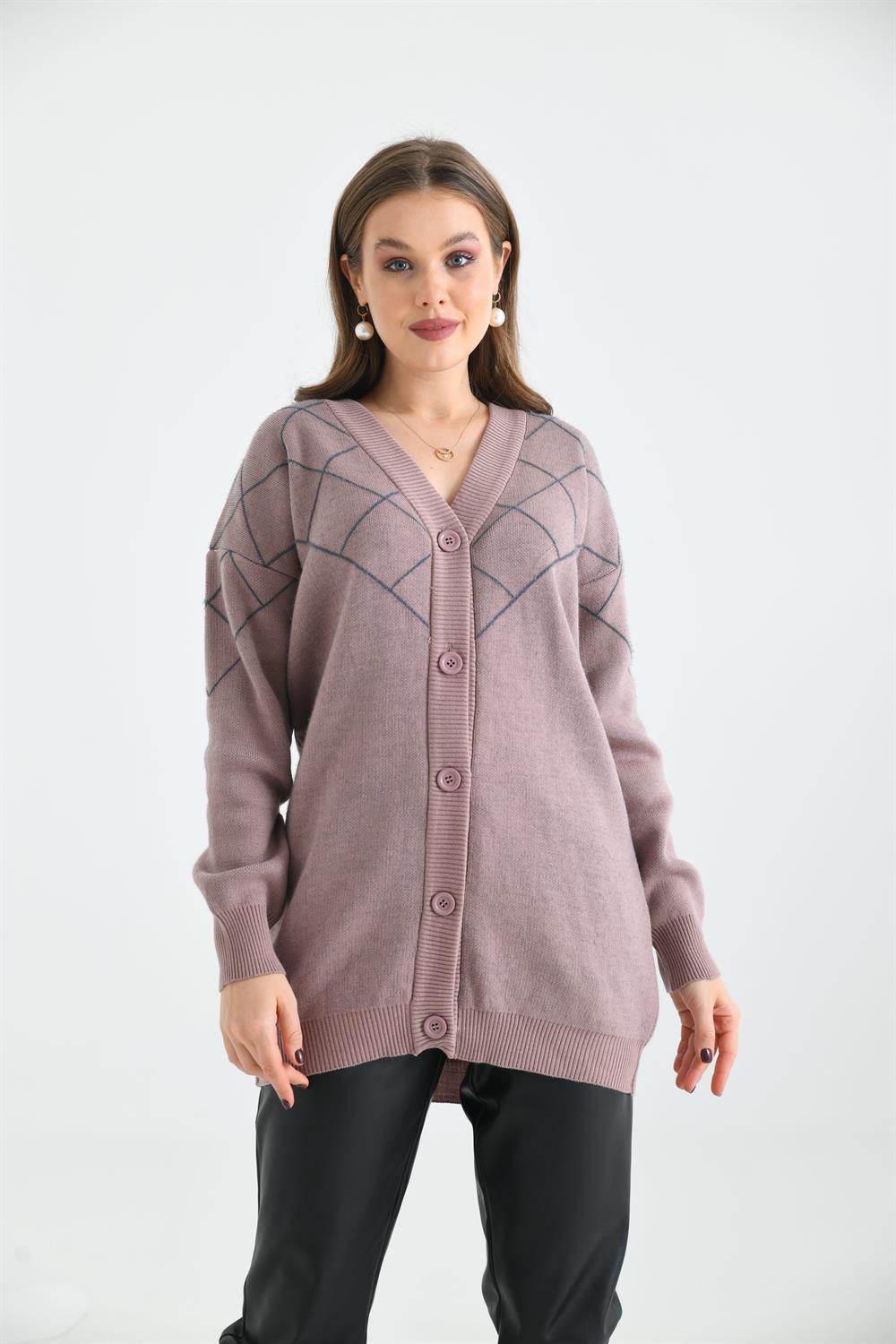 Kadın Baklava Desenli Hırka Pudra