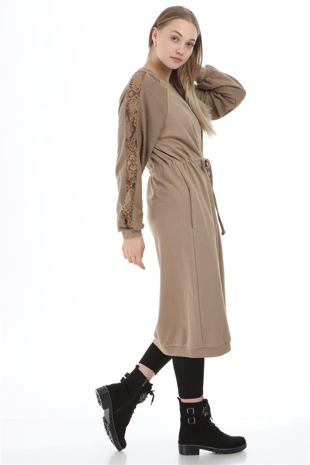 Kadın Beli Bağcıklı Uzun Kap Beige