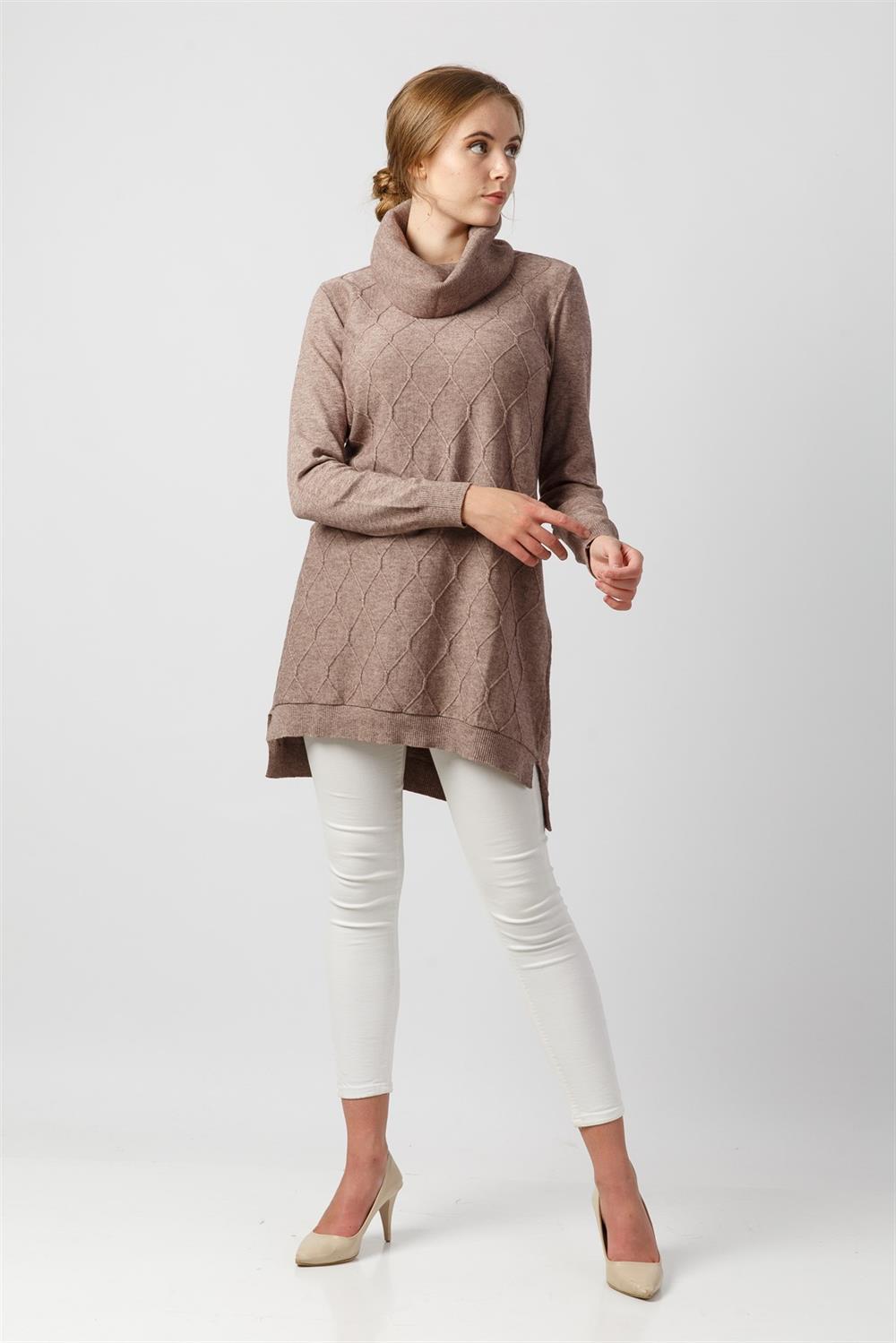 Kadın Boğazlı Uzun Tunik Beige