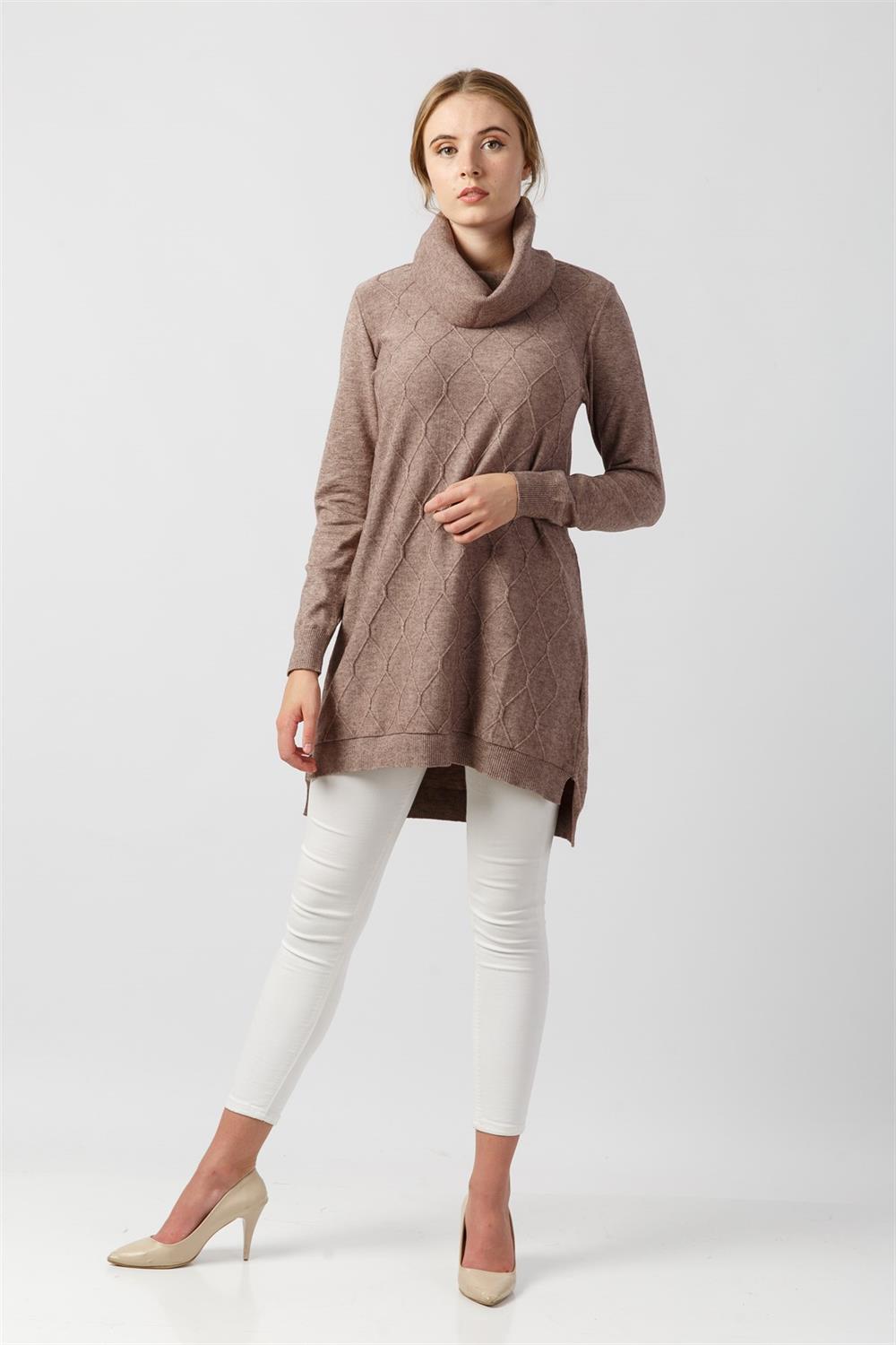 Kadın Boğazlı Uzun Tunik Beige
