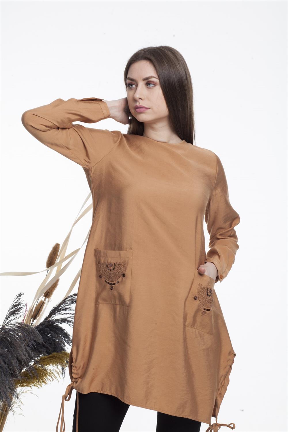 Kadın Cepleri İşlemeli Tunik Camel
