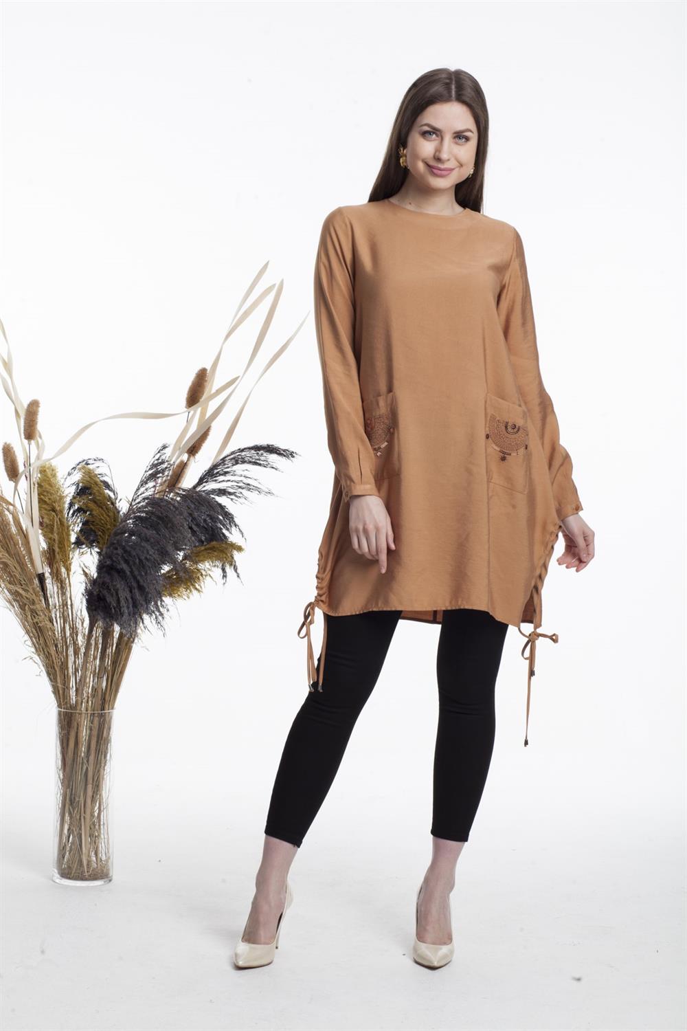 Kadın Cepleri İşlemeli Tunik Camel
