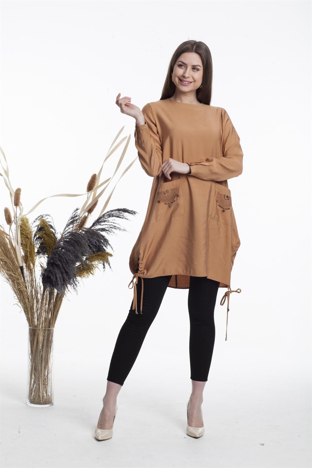 Kadın Cepleri İşlemeli Tunik Camel