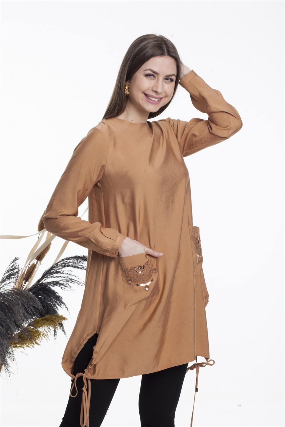 Kadın Cepleri İşlemeli Tunik Camel