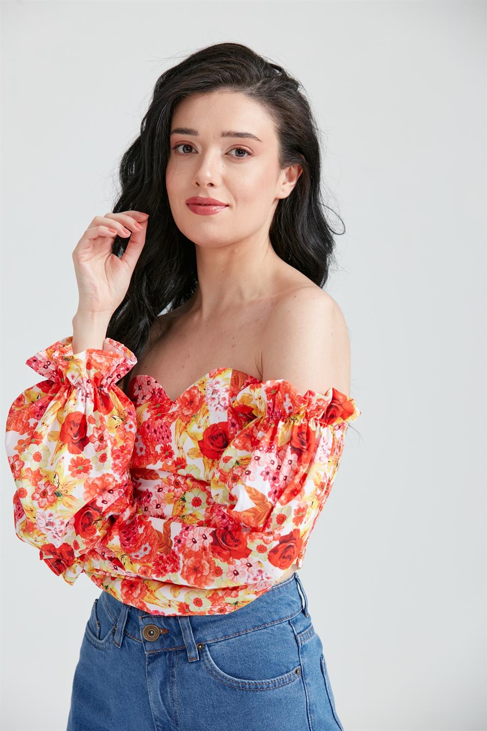 Kadın Çiçekli Crop Büstiyer Renkli