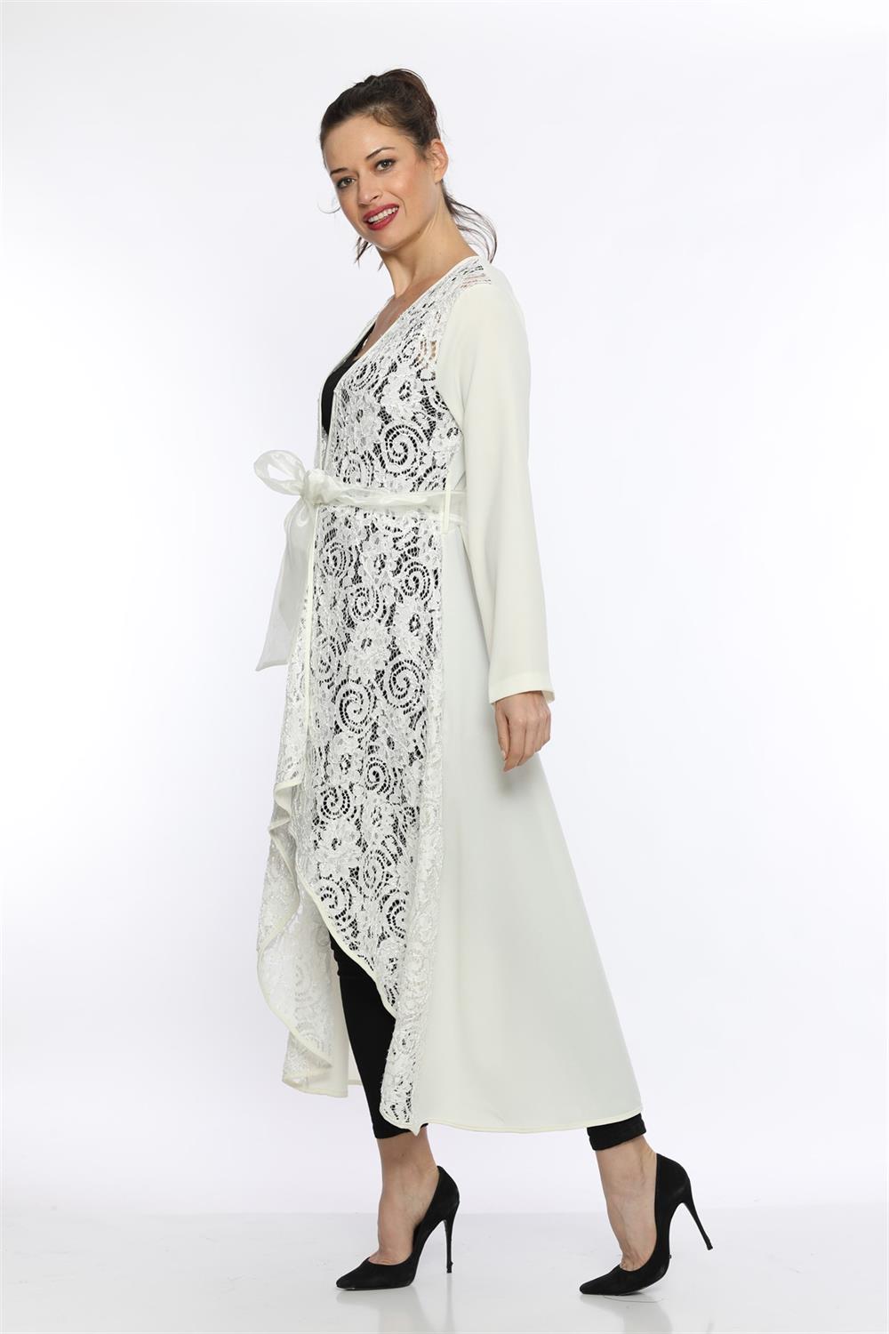 Kadın Dantel Desen Abaya Ekru