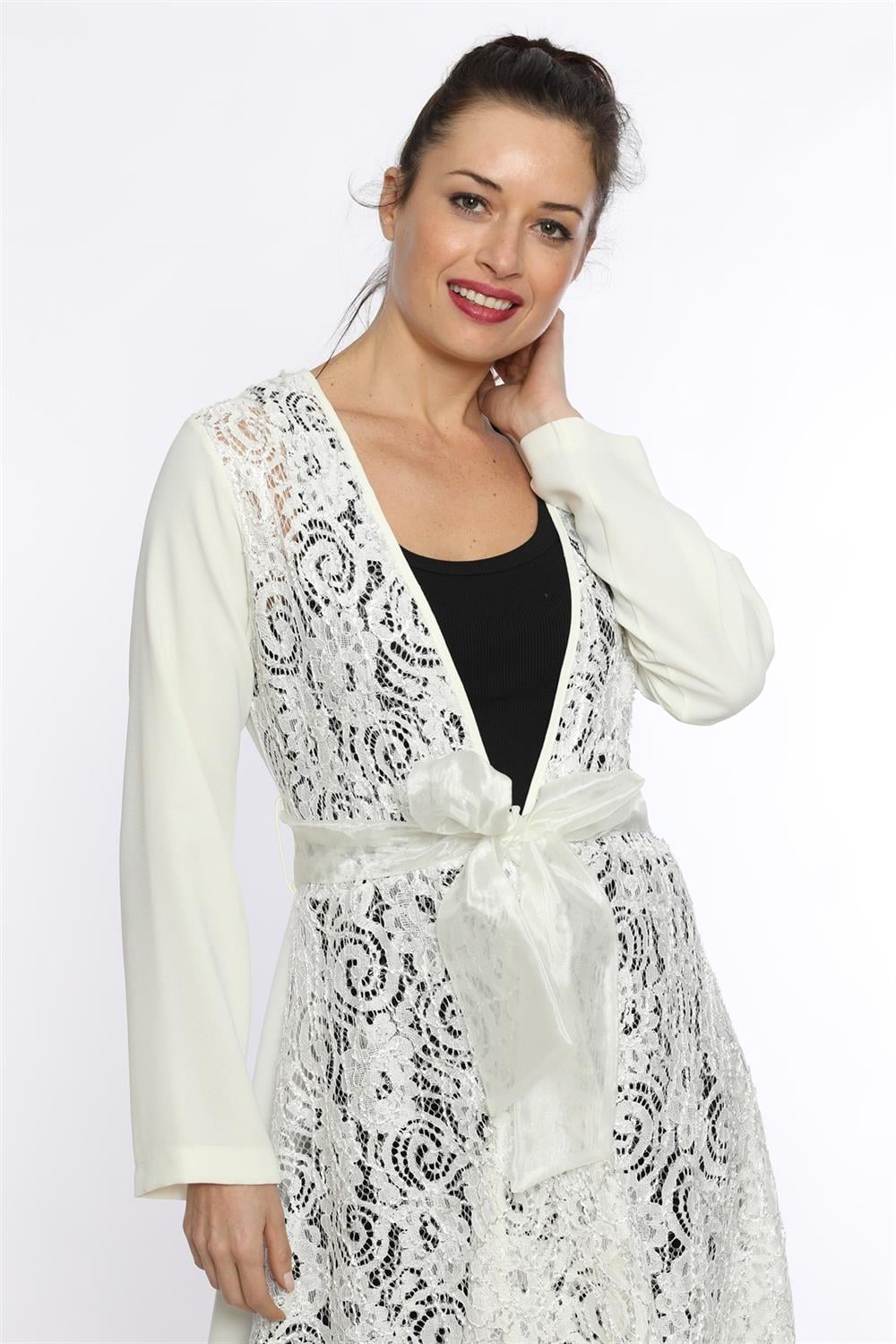 Kadın Dantel Desen Abaya Ekru