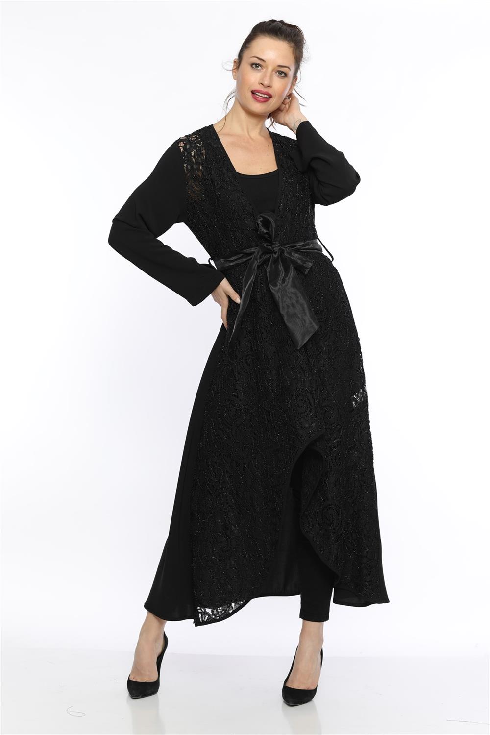 Kadın Dantel Desen Abaya Siyah