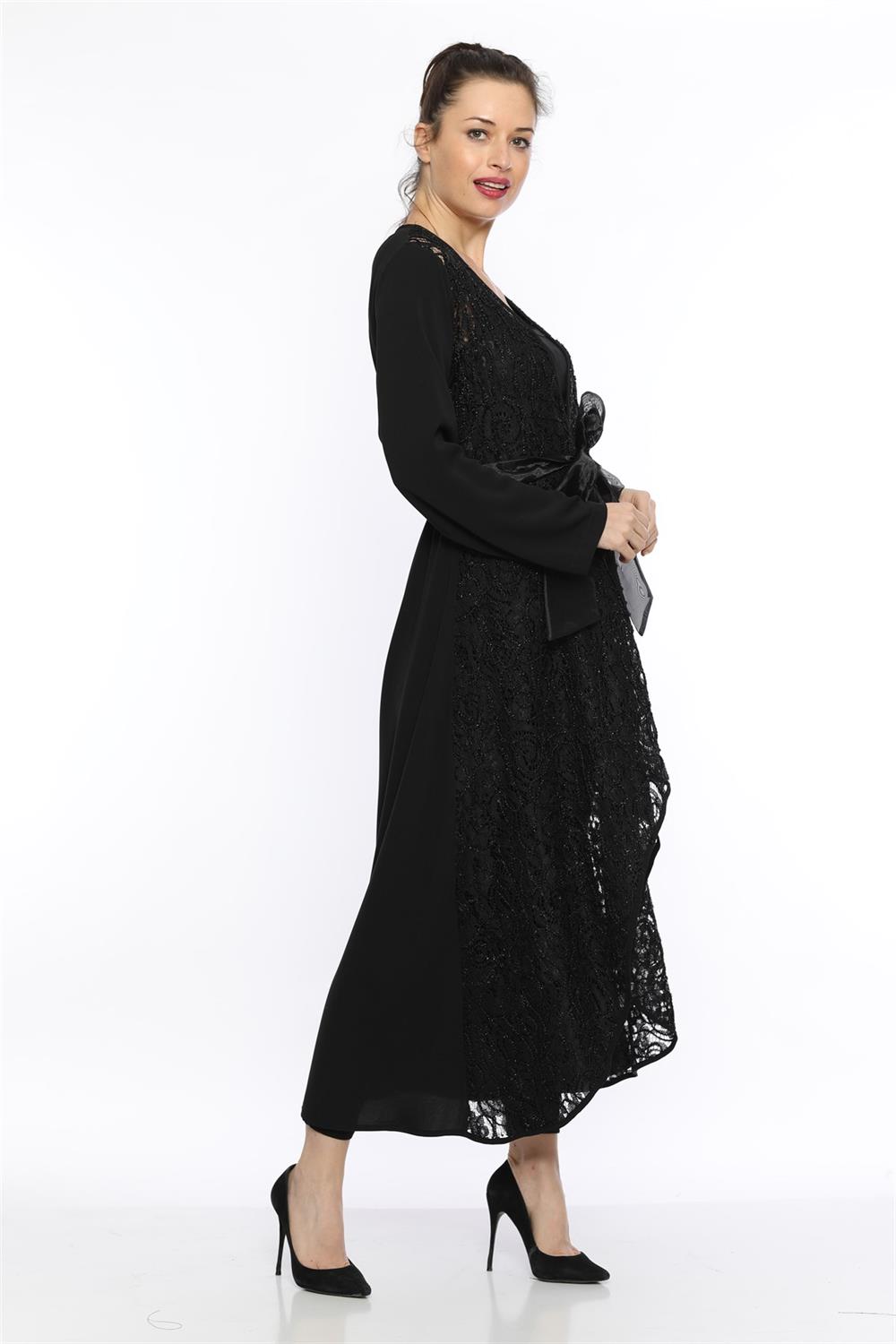 Kadın Dantel Desen Abaya Siyah