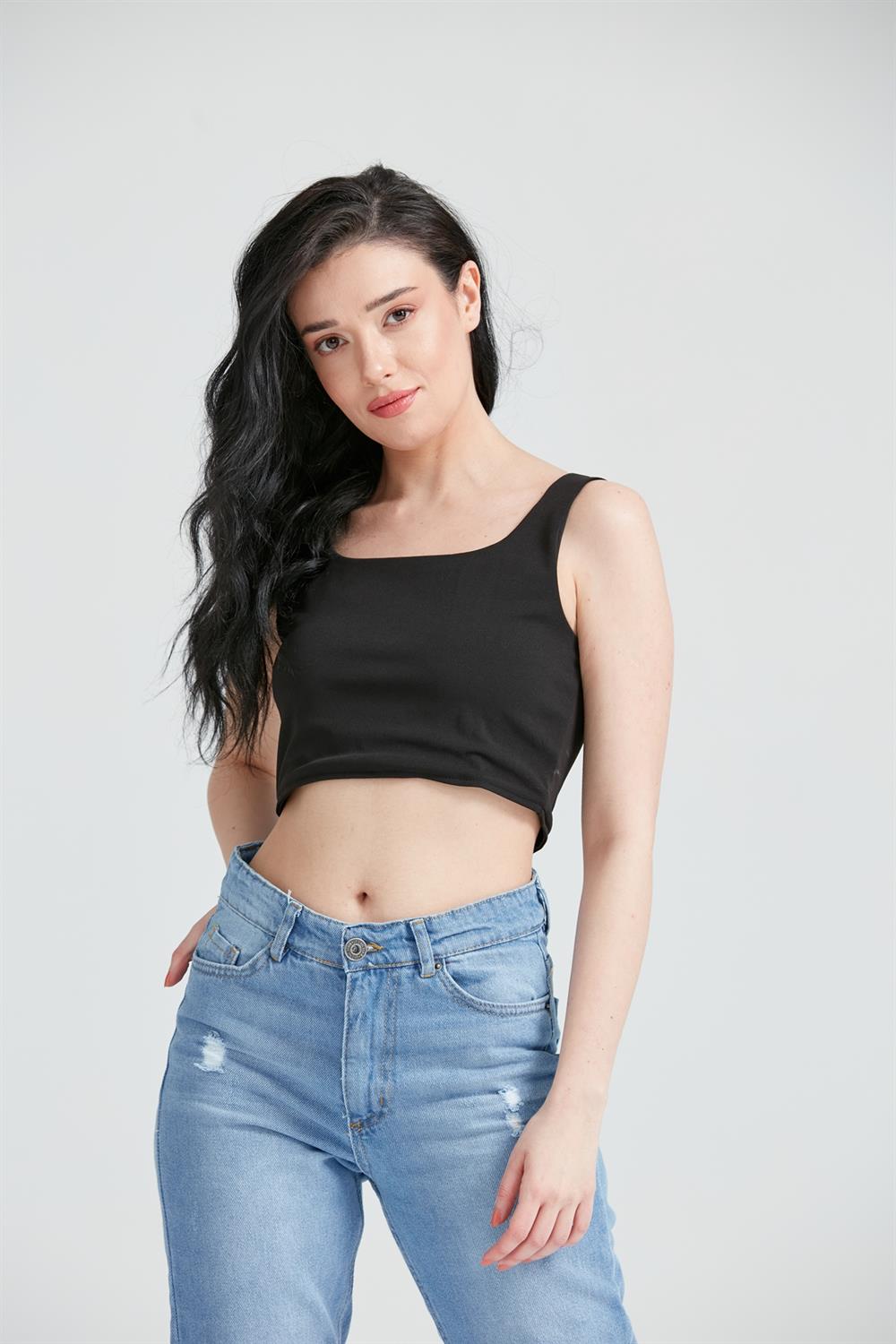 Kadın Fermuar Detay Crop Atlet Siyah