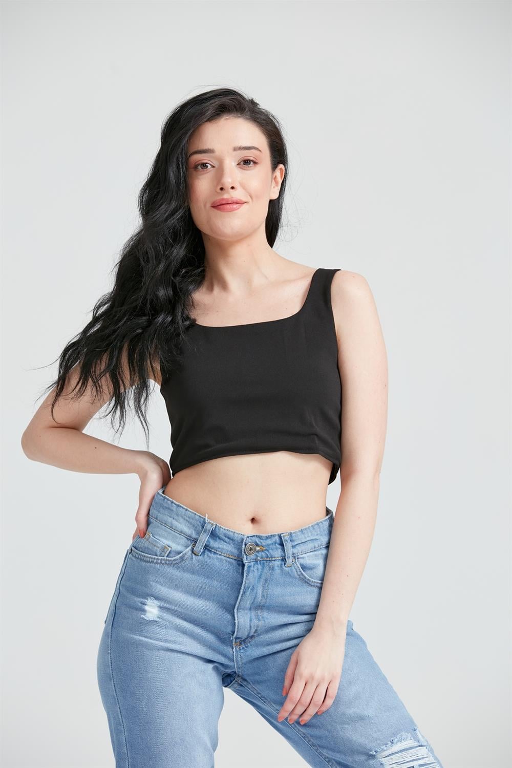 Kadın Fermuar Detay Crop Atlet Siyah