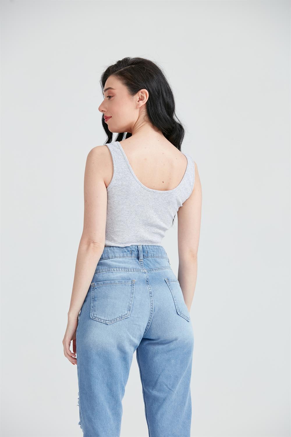 Kadın Fermuar Detay Crop Top Büstiyer Gri