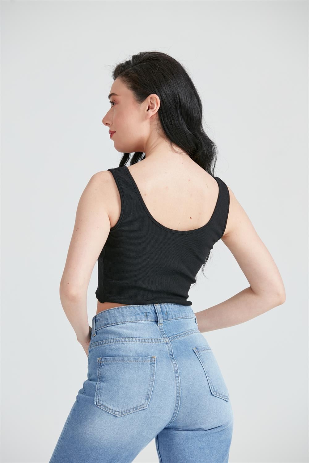 Kadın Fermuar Detay Crop Top Büstiyer Siyah