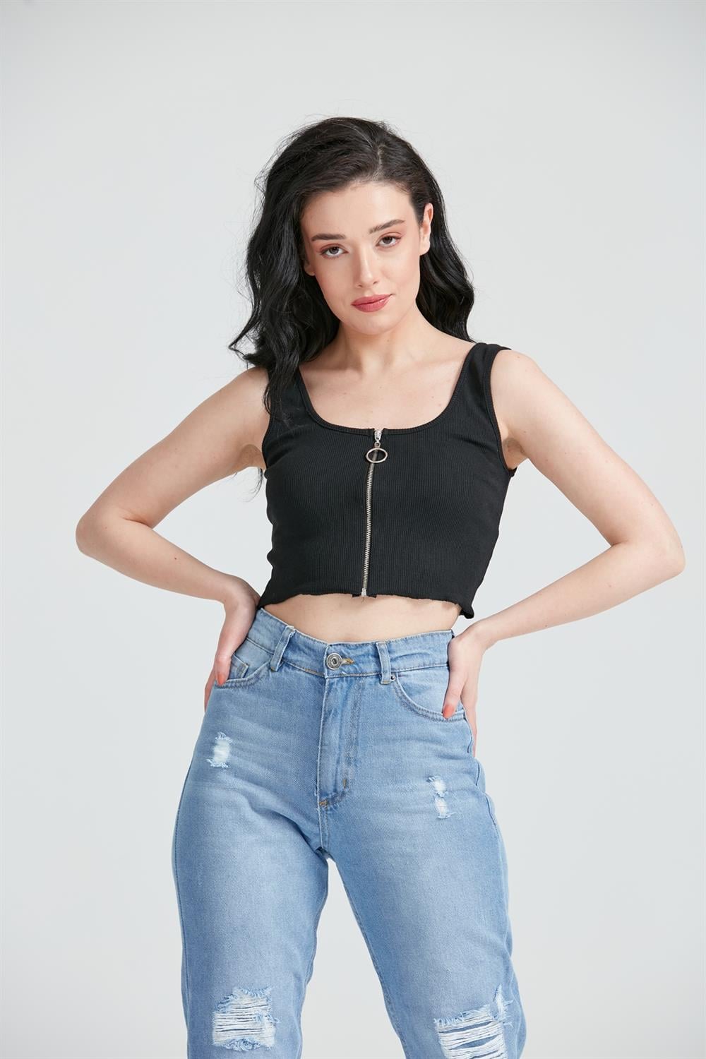 Kadın Fermuar Detay Crop Top Büstiyer Siyah