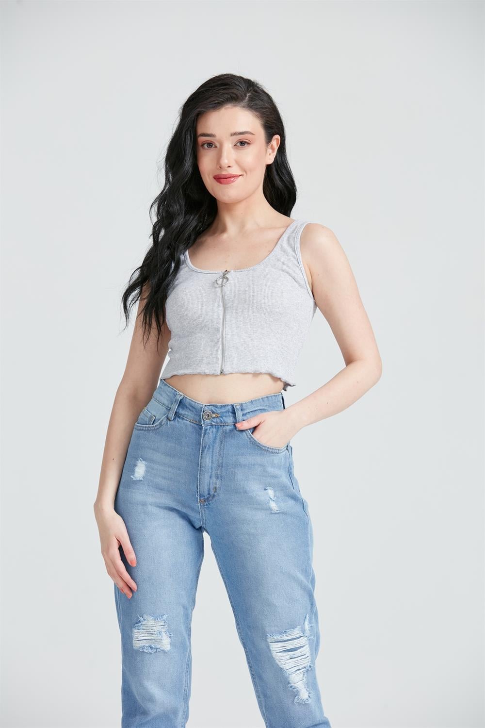 Kadın Fermuar Detay Crop Top Büstiyer Gri