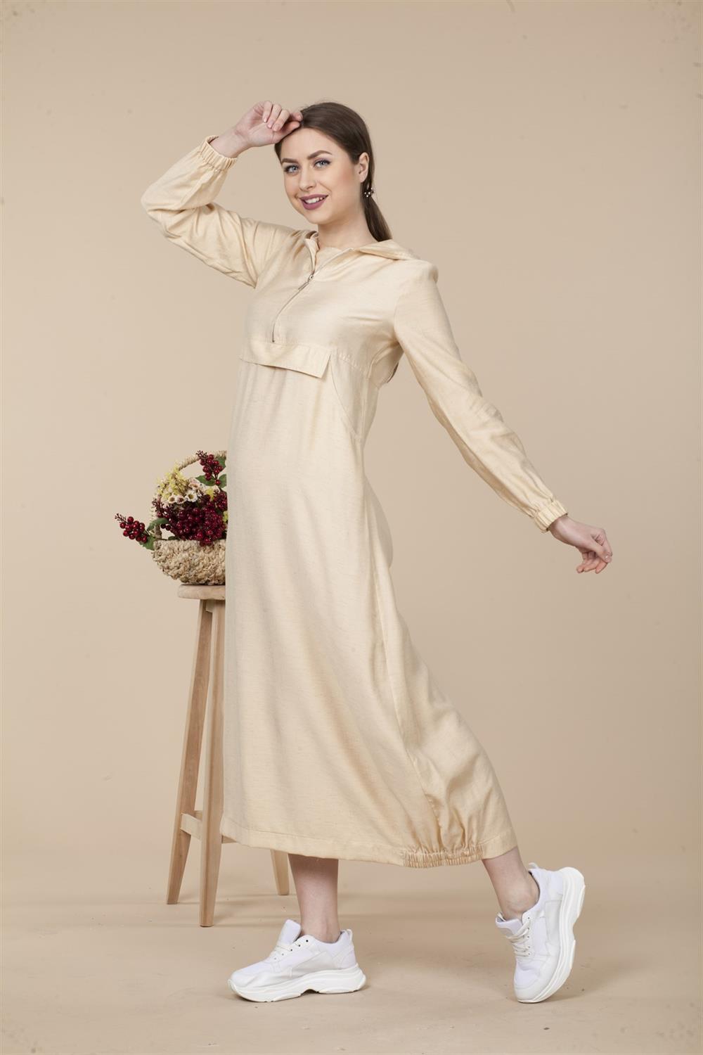 Kadın Fermuarlı Elbise Beige