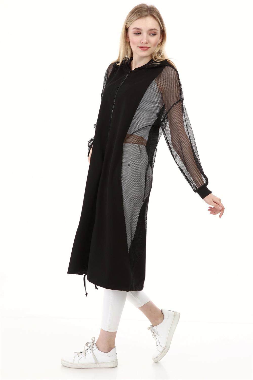 Kadın File Detay Fermuarlı Kap Siyah