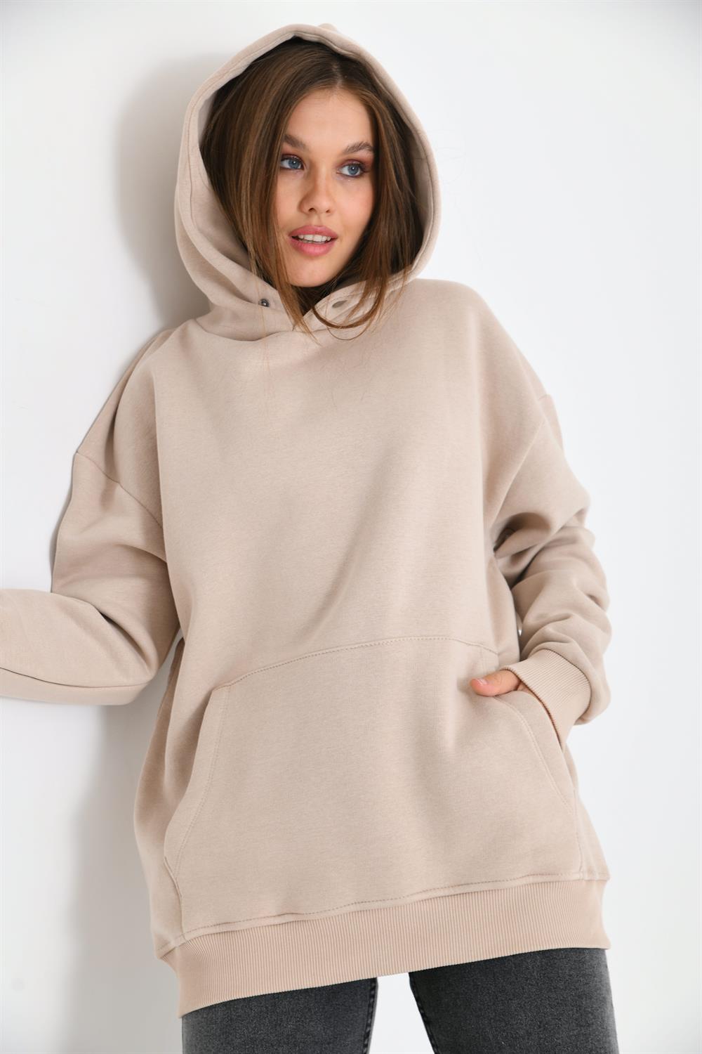 Kadın İçi Şardonlu Sweatshirt Beige