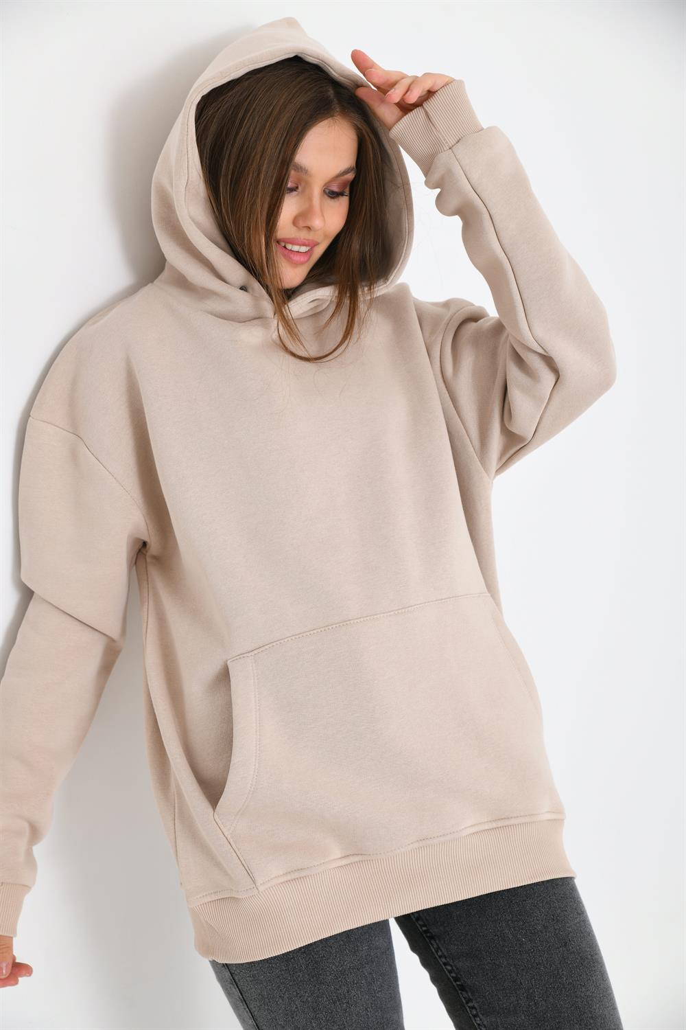 Kadın İçi Şardonlu Sweatshirt Beige