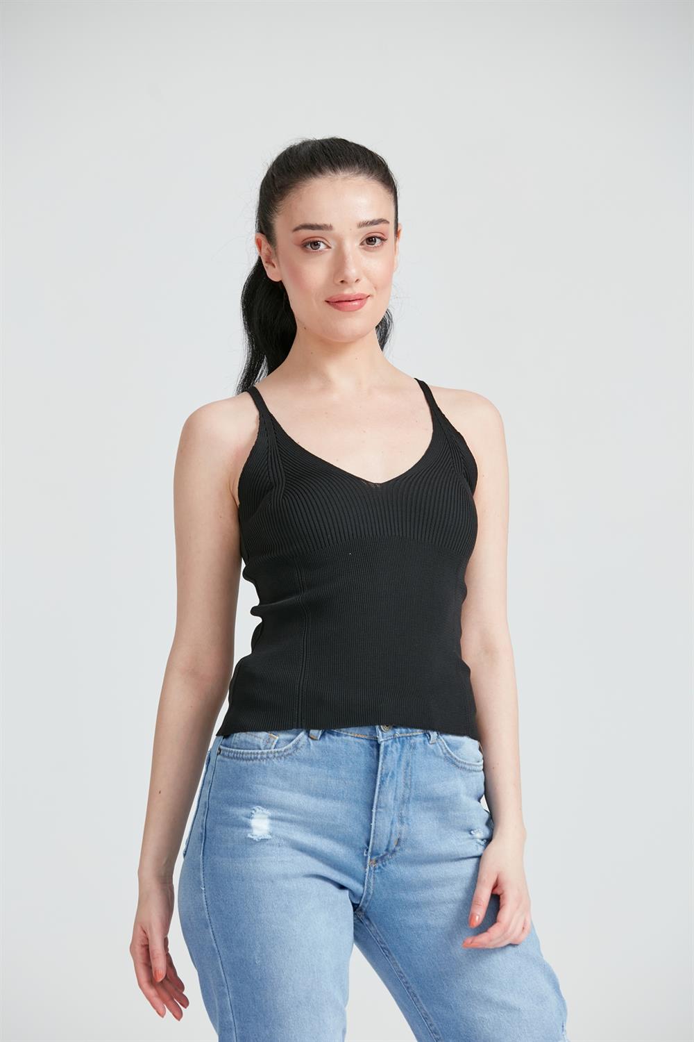 Kadın İnce Askılı V Yaka Atlet Siyah
