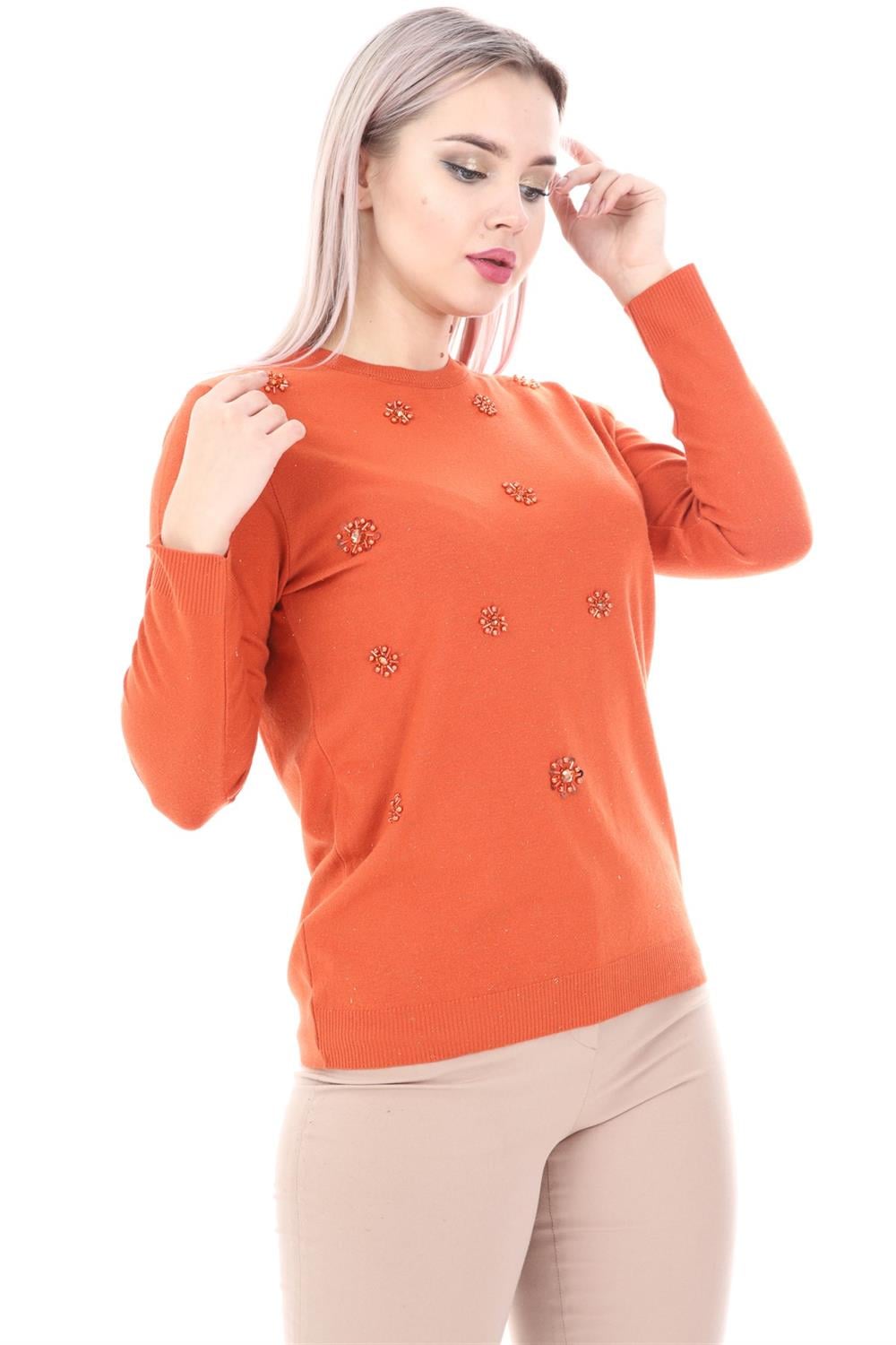 Kadın İnci Detay Triko Orange