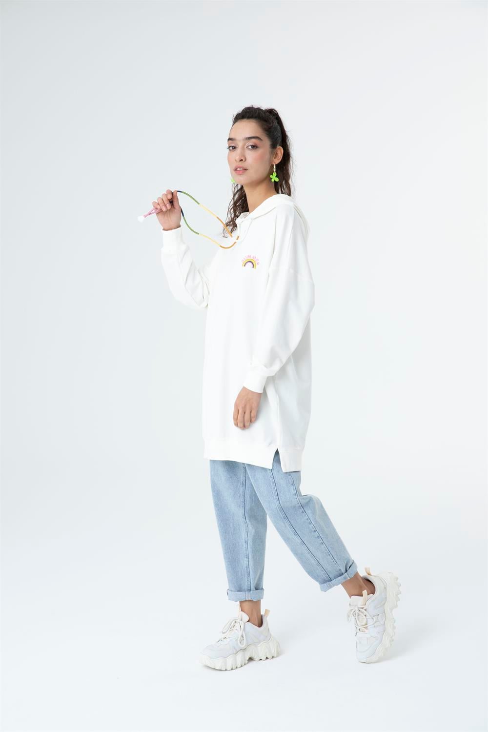 Kadın  Kapüşonlu Sweat Tunik Ekru