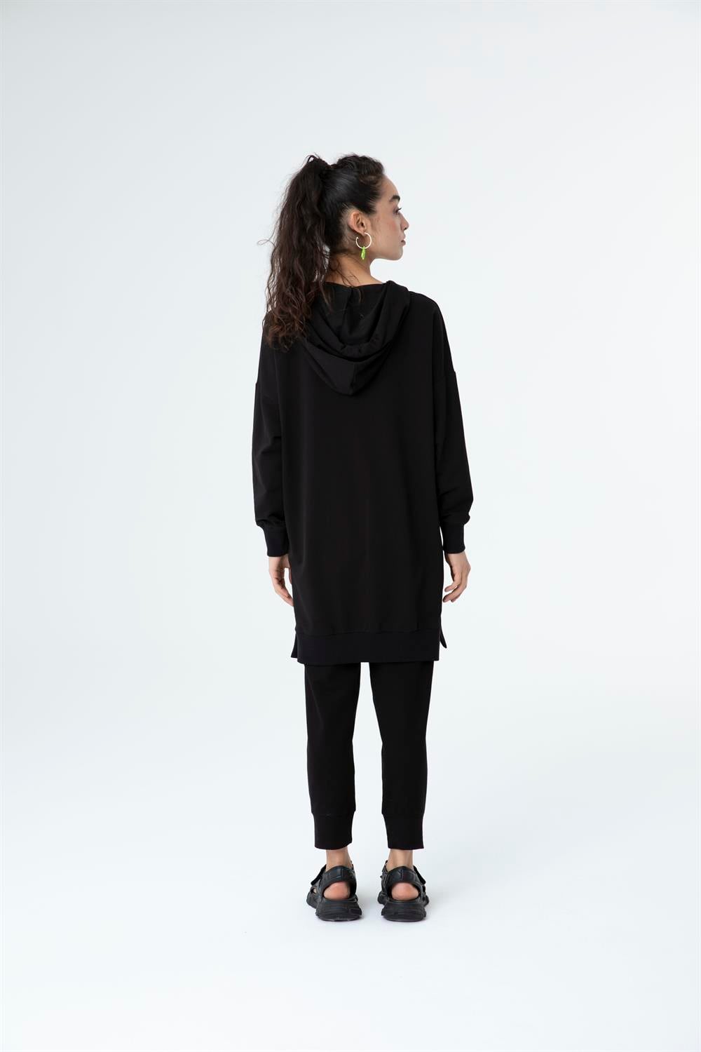 Kadın  Kapüşonlu Sweat Tunik Siyah