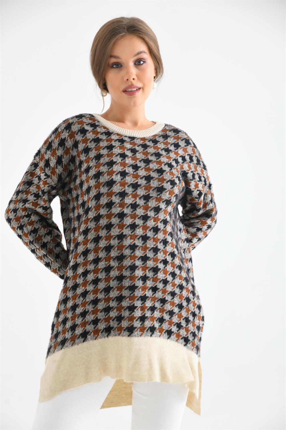 Kadın Kazayağı Desenli Bluz Taş