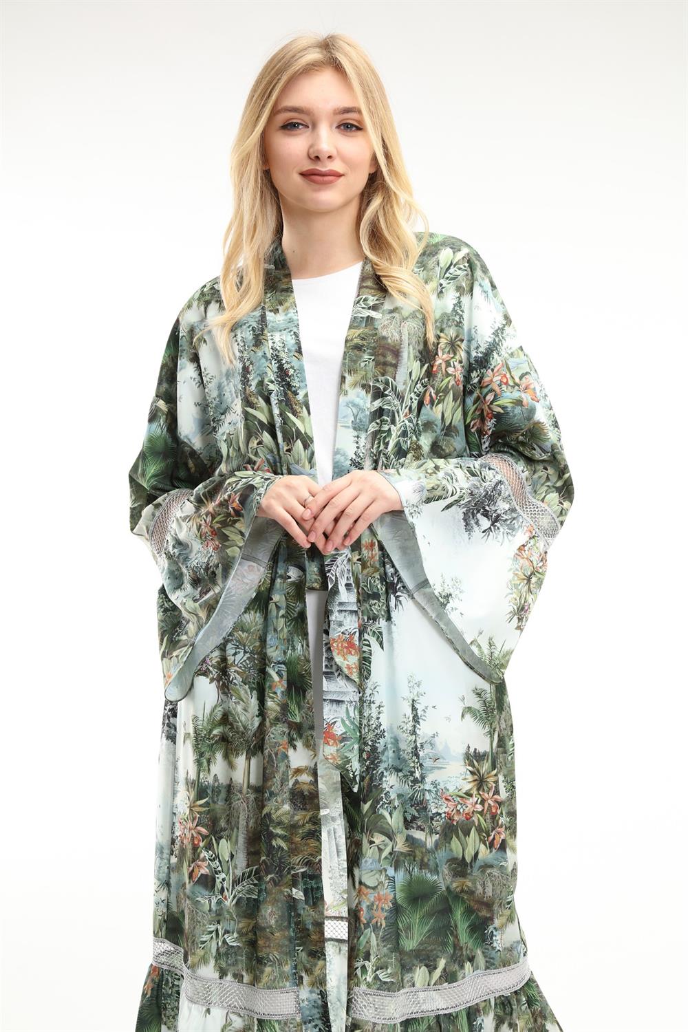 Kadın Kemer Detay Şifon Yeşil Kimono Yeşil