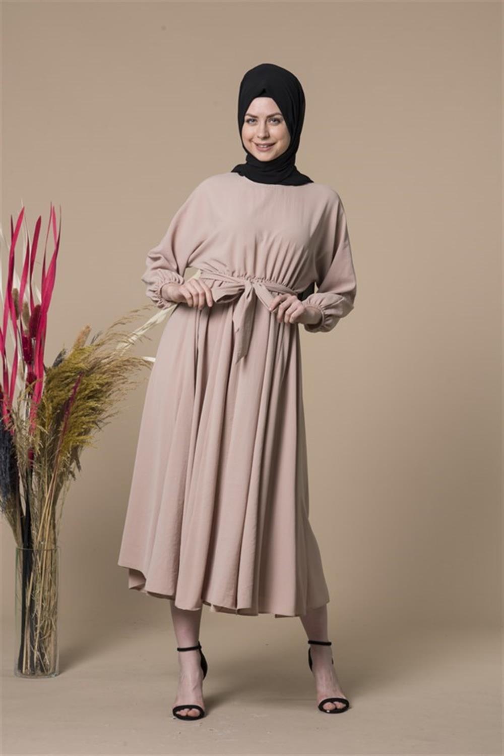 Kadın Kemerli Elbise Beige