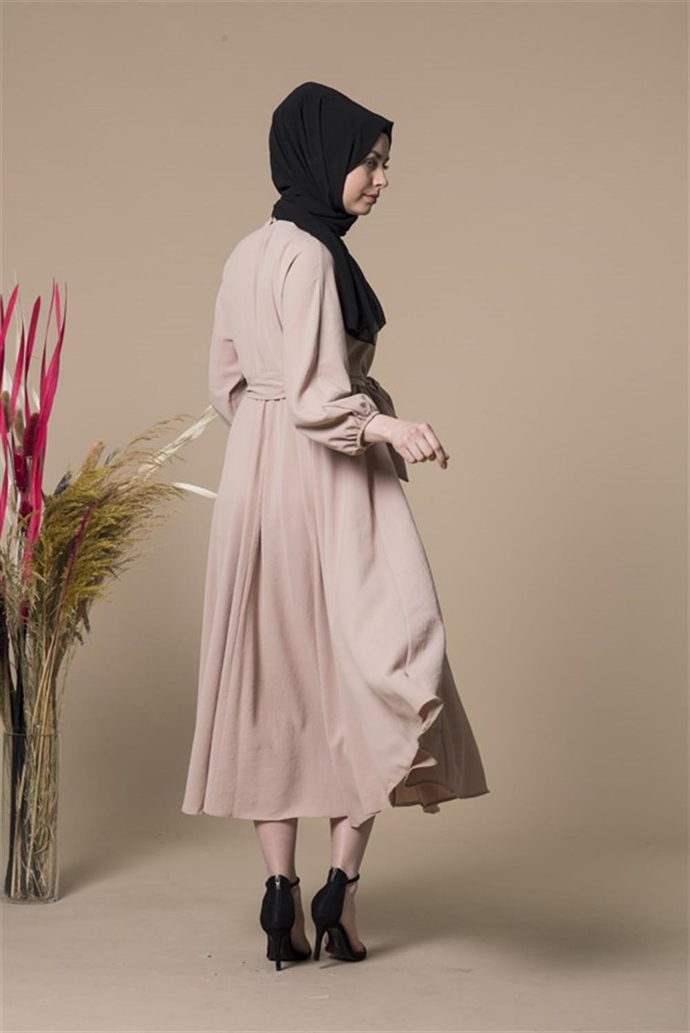Kadın Kemerli Elbise Beige