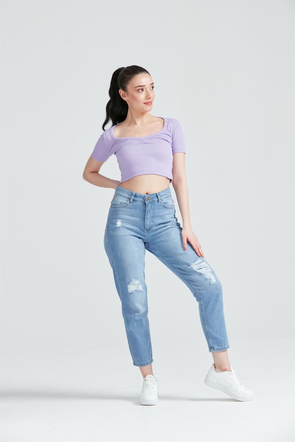 Kadın Kısa kol Basic Crop Top Lila