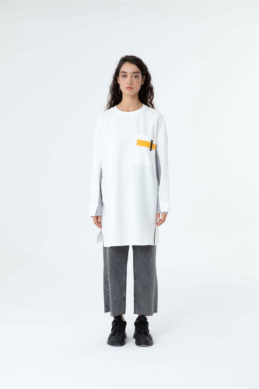 Kadın Kol Yarım Gömlek Detay Uzun Sweat Tunik Ekru