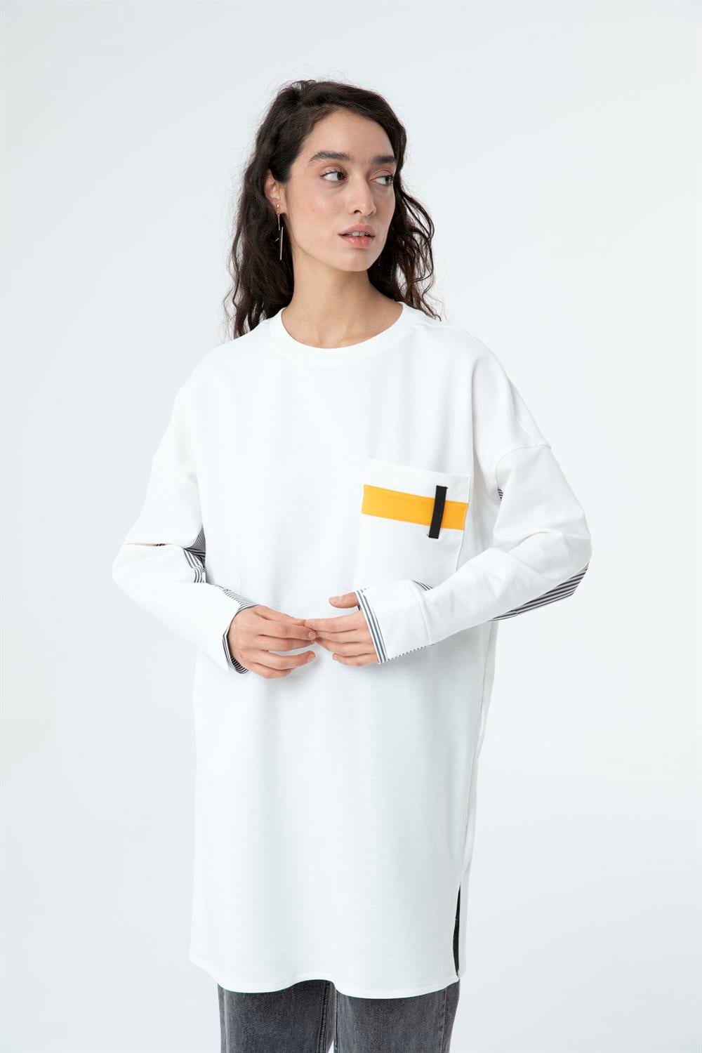 Kadın Kol Yarım Gömlek Detay Uzun Sweat Tunik Ekru