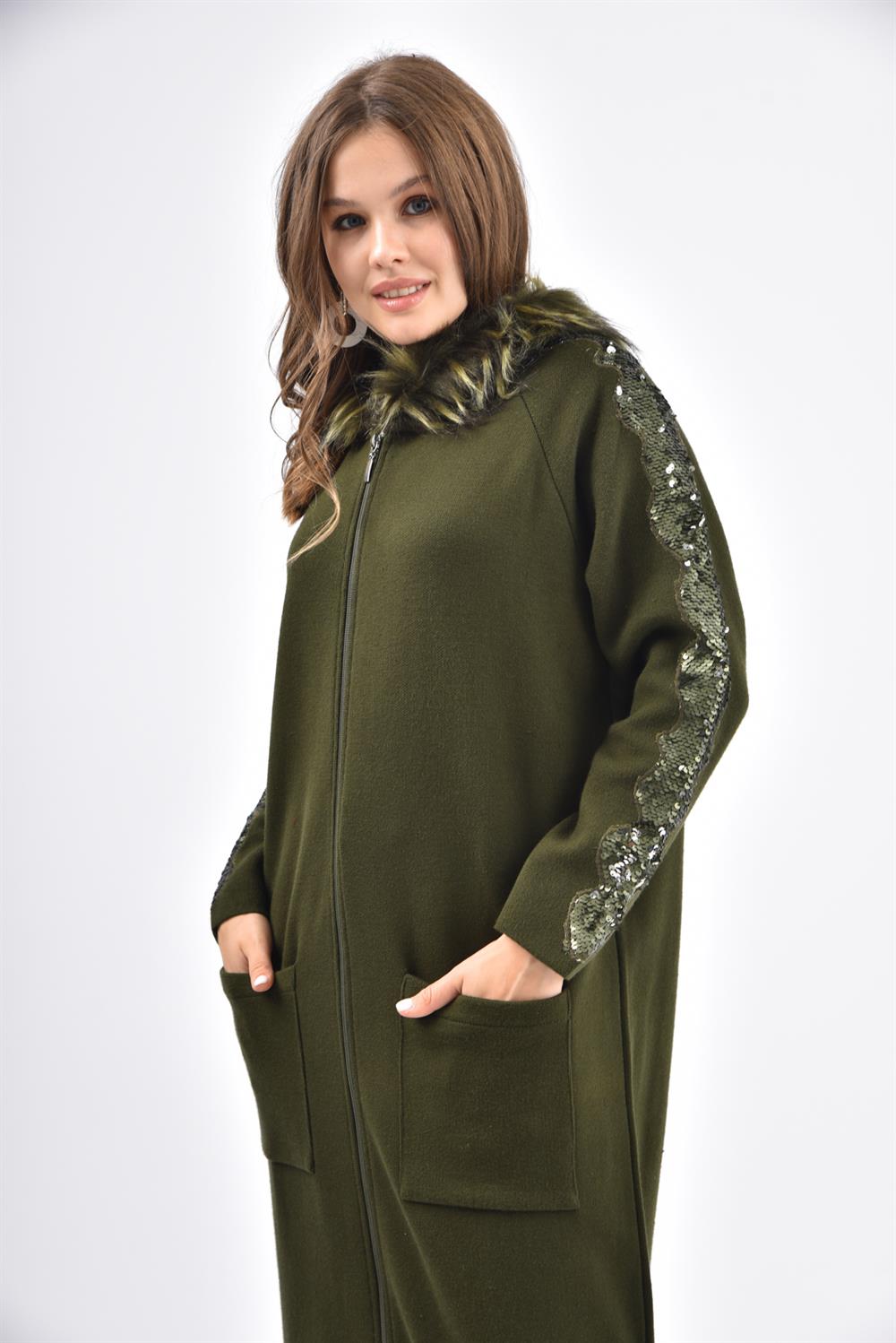 Kadın Kolları Pul Detaylı Uzun Hırka HAKİ