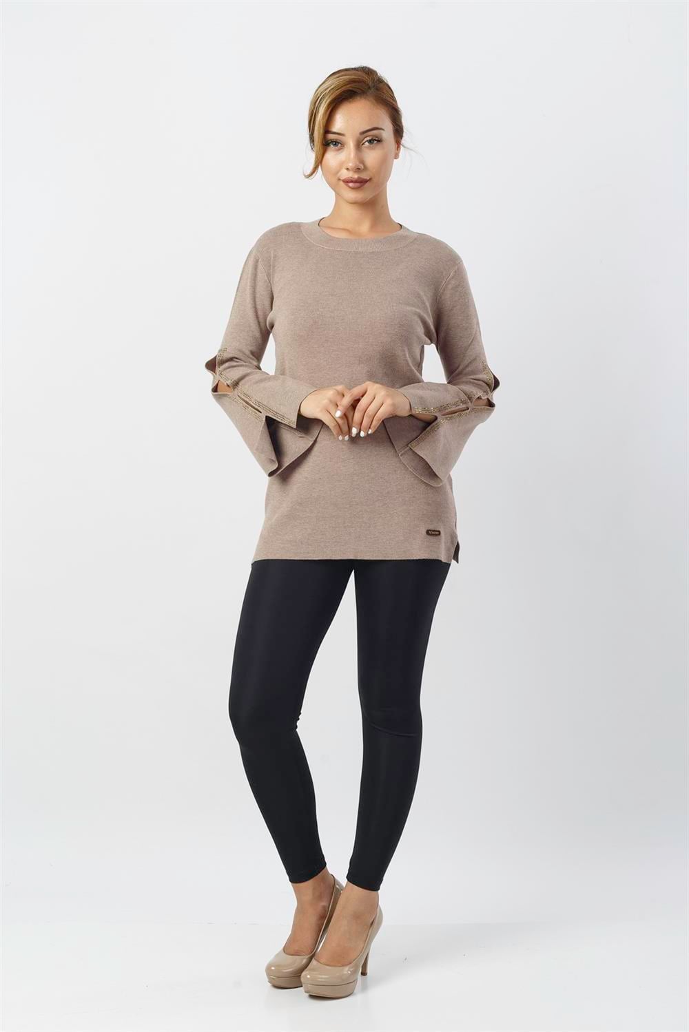 Kadın Kolları Taş Detaylı Bluz Beige