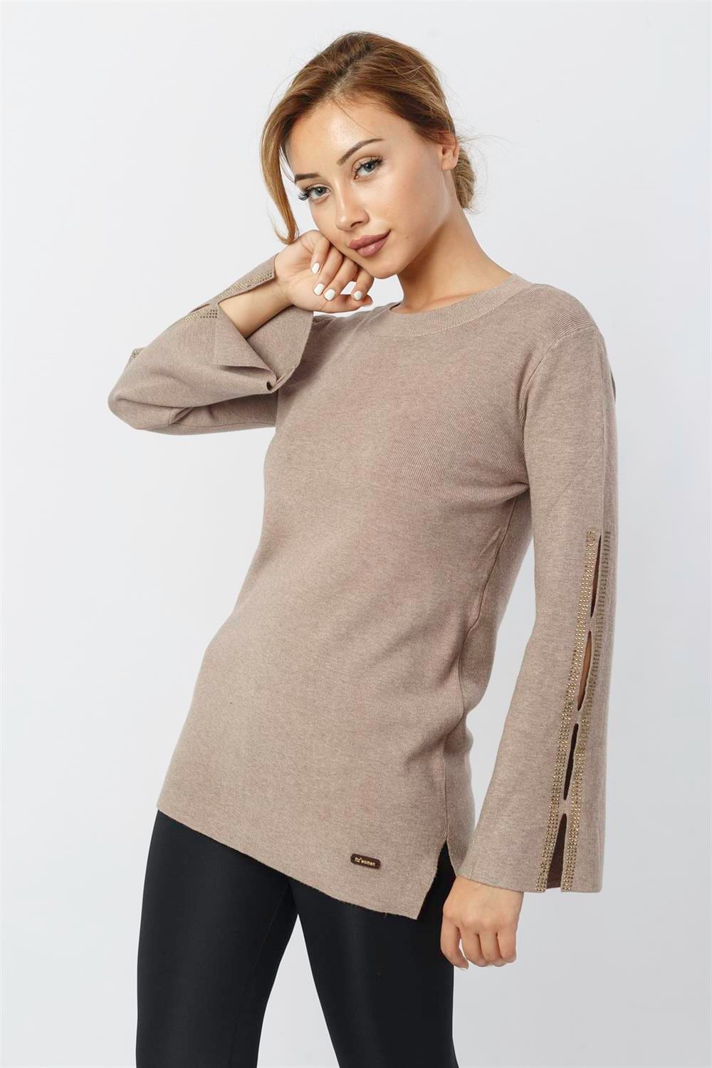 Kadın Kolları Taş Detaylı Bluz Beige