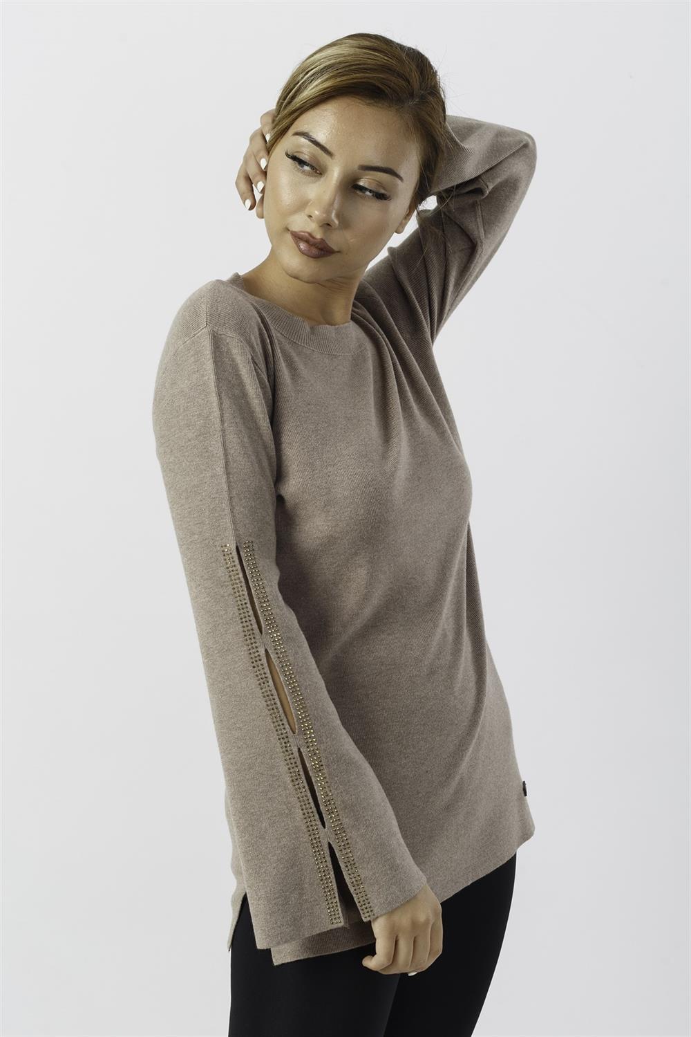 Kadın Kolları Taş Detaylı Bluz Beige