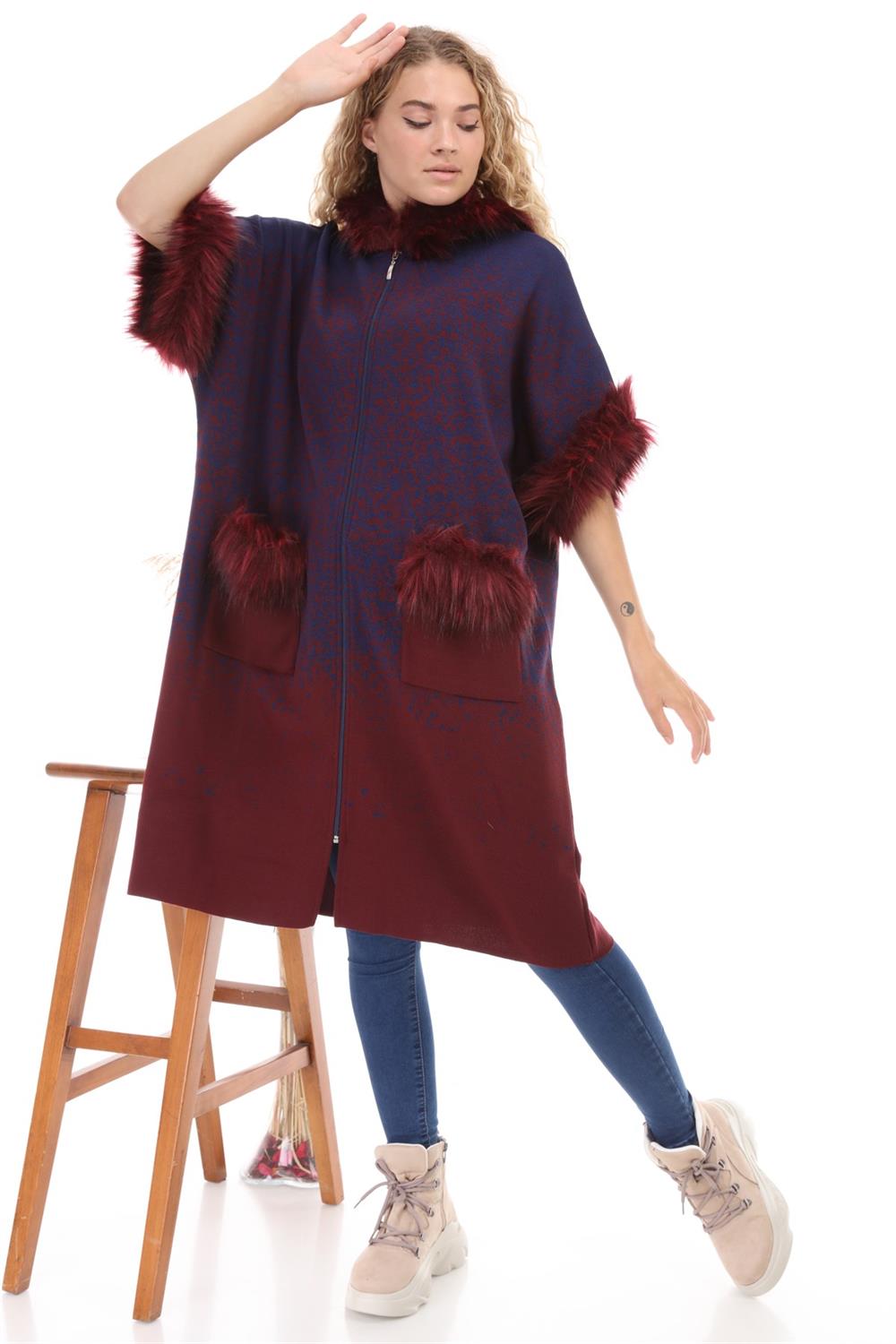 Kadın Kürk Detaylı Desenli Hırka Bordo