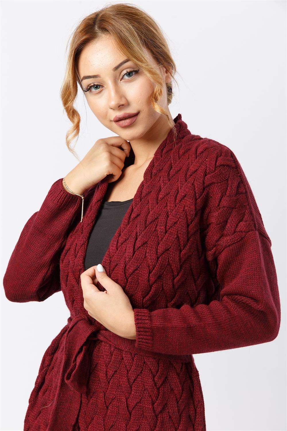Kadın Kuşaklı Örgü Hırka BORDO