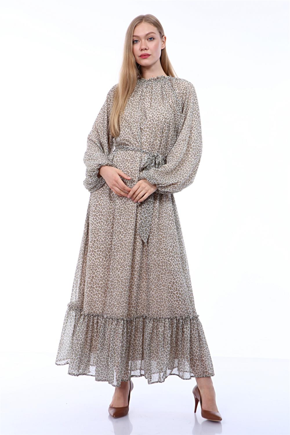 Kadın Leopar Desenli Elbise Beige