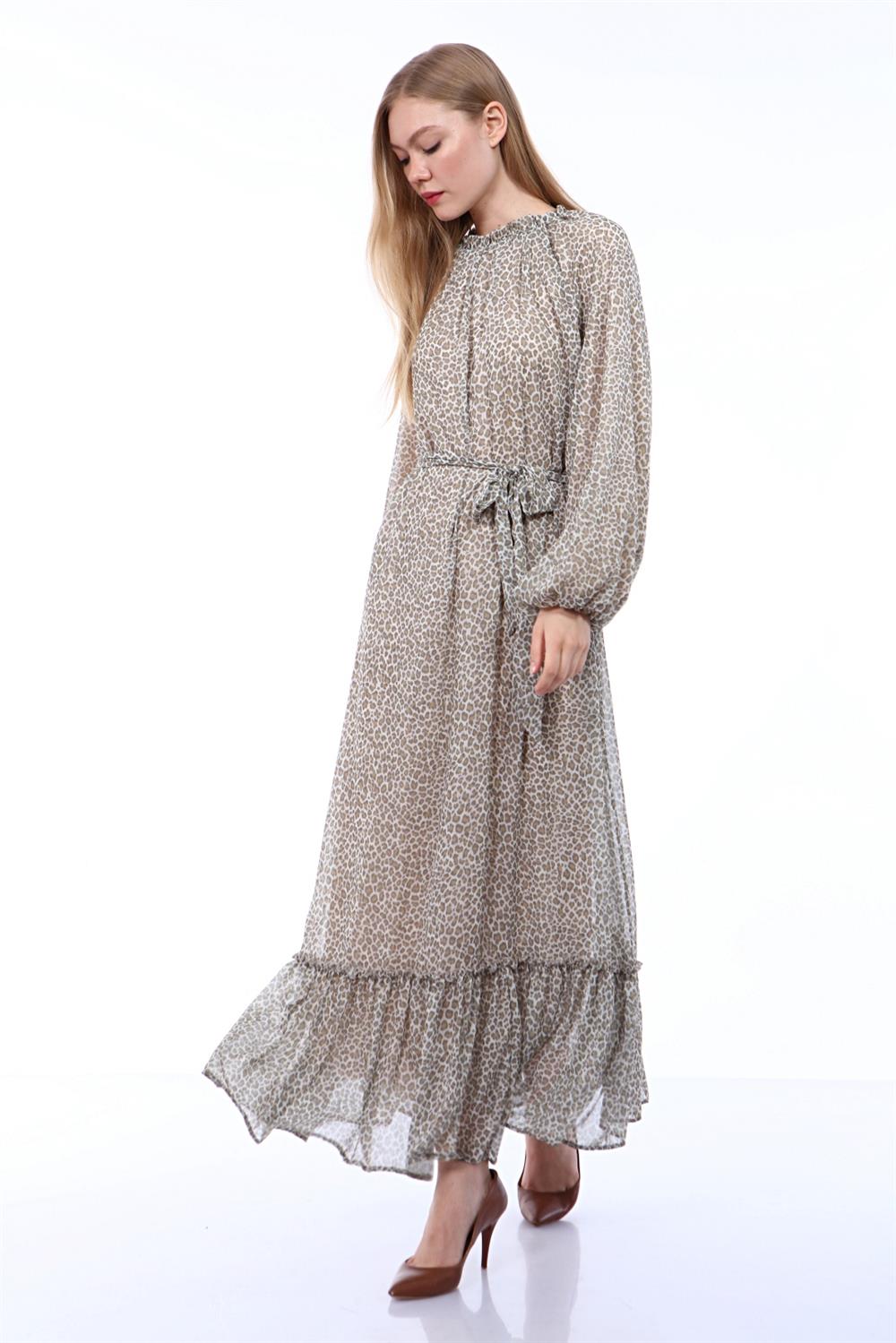 Kadın Leopar Desenli Elbise Beige