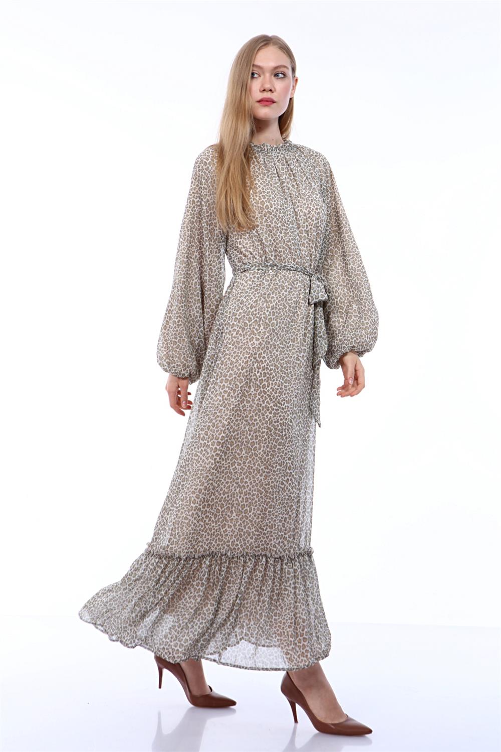 Kadın Leopar Desenli Elbise Beige