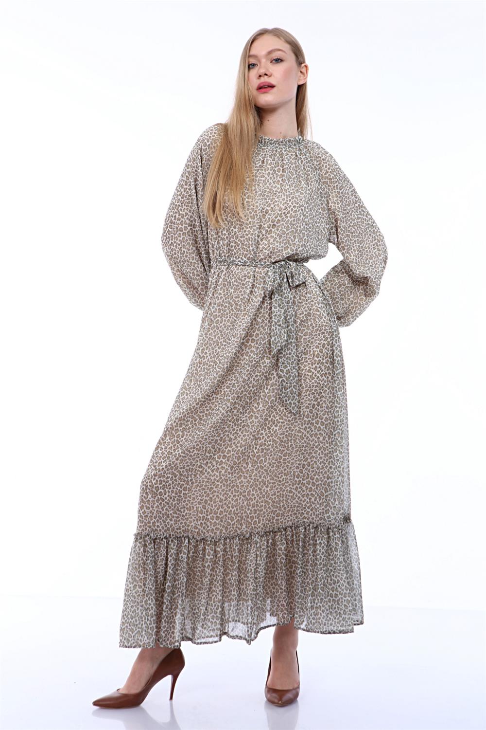 Kadın Leopar Desenli Elbise Beige