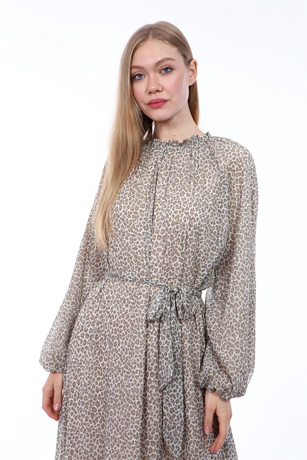 Kadın Leopar Desenli Elbise Beige