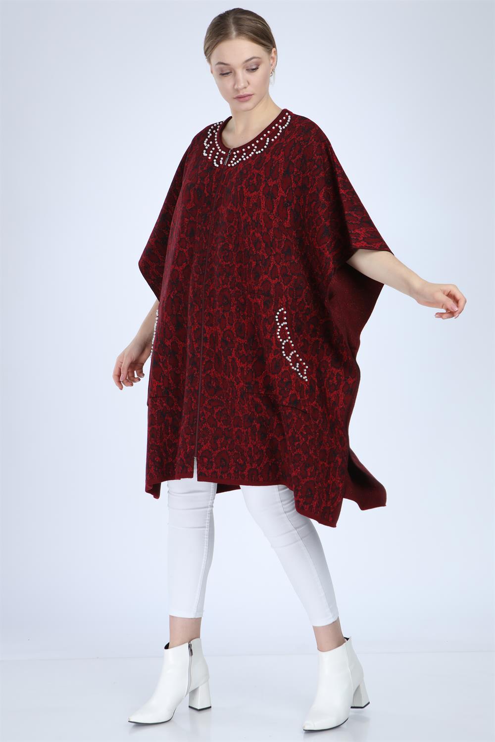 Kadın Leopar Desenli Panço BORDO